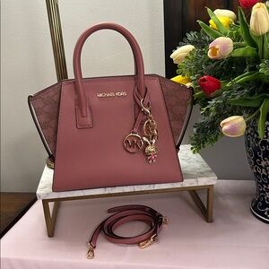 Michael Kors Dusty Rose Leather Satchel with MK Charm and Bunny Charm